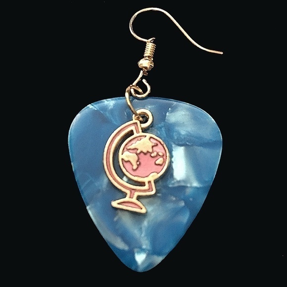 HAND Crafted Drop Earrings Globe on Repurposed Pearlized Guitar Picks - Picture 3 of 6